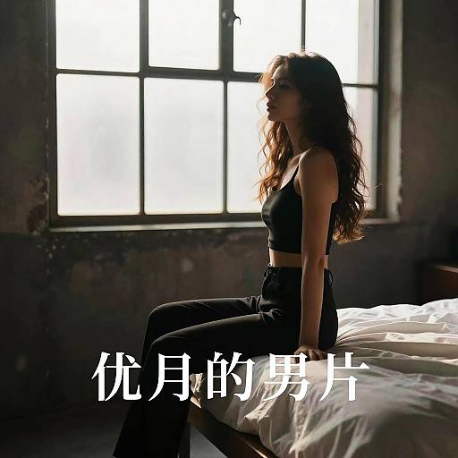 Photograph of a dark-haired woman in black leather outfit sitting on a bed, backlit by large, bright window; Chinese text overlay.