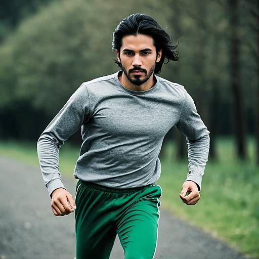 Man Running Outdoors in Grey Shirt and Green Pants