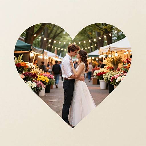 Photograph of a couple kissing in a white heart frame, wearing formal attire, surrounded by vibrant flower stalls and string lights at an outdoor market.