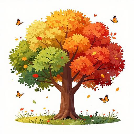 Colorful autumn tree illustration with vibrant yellow, orange, and red leaves, green foliage, brown trunk, butterflies, and scattered flowers.