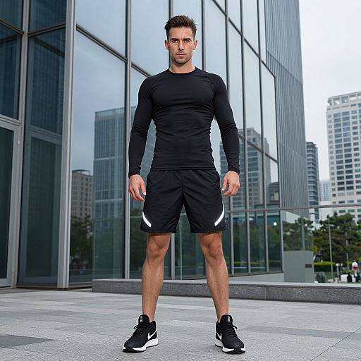 Photograph of a muscular, fit man with short brown hair, wearing a black long-sleeve shirt, black shorts, and black sneakers, standing