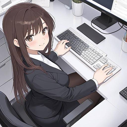 Anime-style digital drawing of a brown-haired woman in a black suit, typing on a white keyboard at a modern office desk.