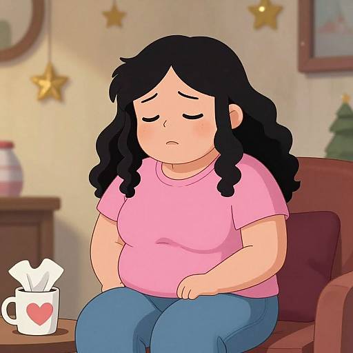 Digital cartoon of a sad, overweight woman with long black hair, pink shirt, blue jeans, sitting on a chair, holding a heart-shaped mug.