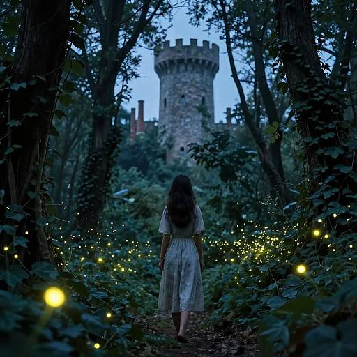 Photograph of a woman with long dark hair in a white dress, walking through a forest path illuminated by glowing fireflies, leading to a medieval stone