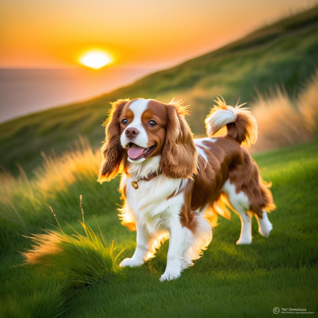 Cavalier Spaniel at Sunset on Hillside