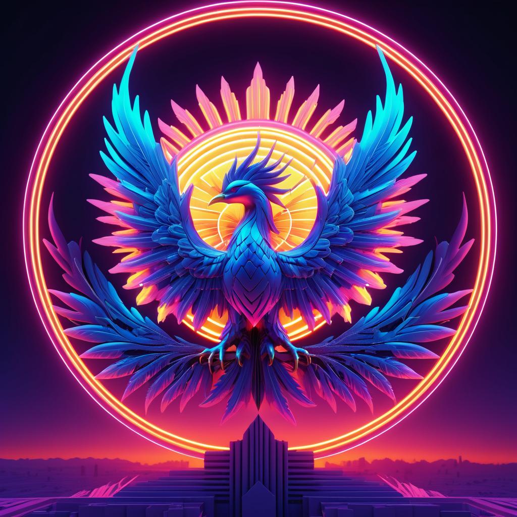 Surreal Neon Phoenix with Glowing Sun