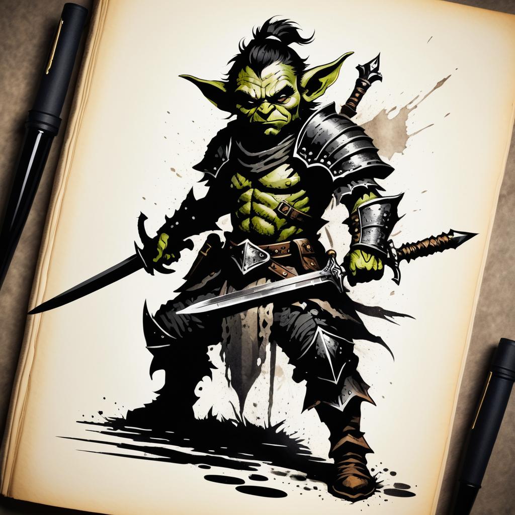 Intricate Goblin Warrior Ink Illustration