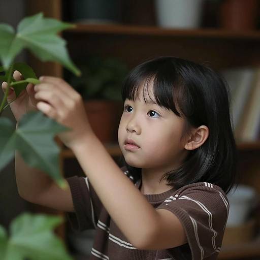 Focused Girl Touching Green Plant
