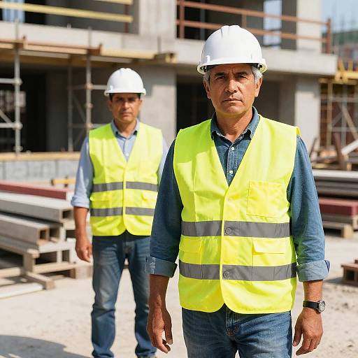 Photograph of two middle-aged male construction workers in white helmets and bright yellow vests, standing on a construction site with scaffolding and building materials in the