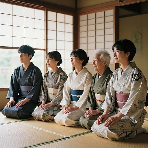 Photograph of five Japanese individuals in traditional kimonos, seated on tatami mats in a sunlit room with shoji screens.