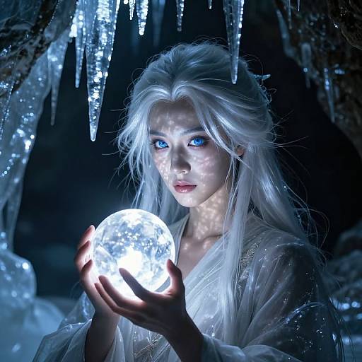 Digital artwork of a pale, blue-eyed woman with white hair holding a glowing ice ball in a dark, icy cave.