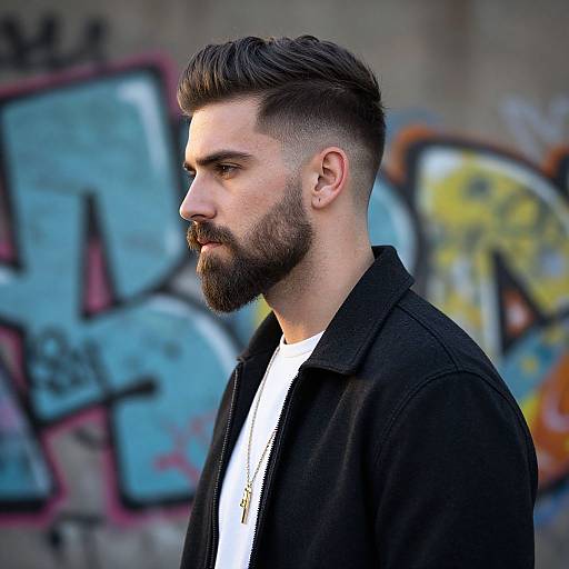 Photograph of a bearded, light-skinned man with a short, dark brown haircut, wearing a black jacket over a white shirt, standing against