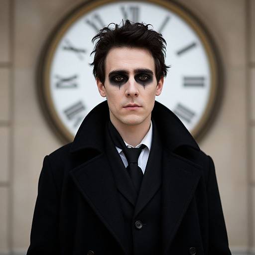 Digital portrait of a pale, dark-haired man with black eye makeup, wearing a black coat and tie, standing before a large clock.