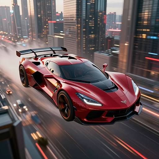Photograph of a sleek, red, high-performance sports car with a large rear spoiler speeding through a bustling, illuminated city street at night.