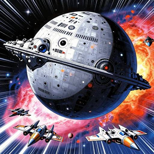 Digital artwork of a sci-fi battle in space, featuring a large, detailed, white spaceship planet with rings and six colorful, futuristic fighter ships against a
