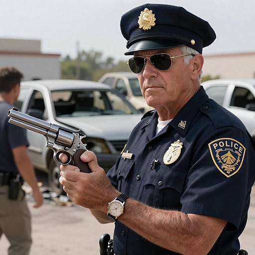 Intense Police Officer Among Wreckage