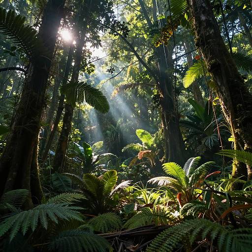 Photograph of a dense, sunlit tropical forest with sunlight piercing through tall trees, illuminating lush green ferns and dense foliage.