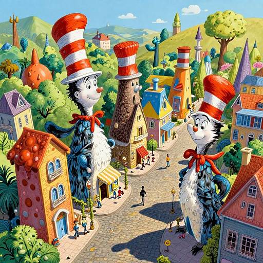 Colorful digital illustration of whimsical town with three tall, striped-hat wearing, fluffy black and white creatures, standing among vibrant, fairy-tale