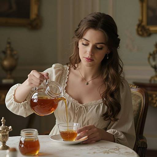 Photograph of a fair-skinned woman with long brown hair, in a cream, low-neck blouse, pouring tea from a glass pitcher into a glass