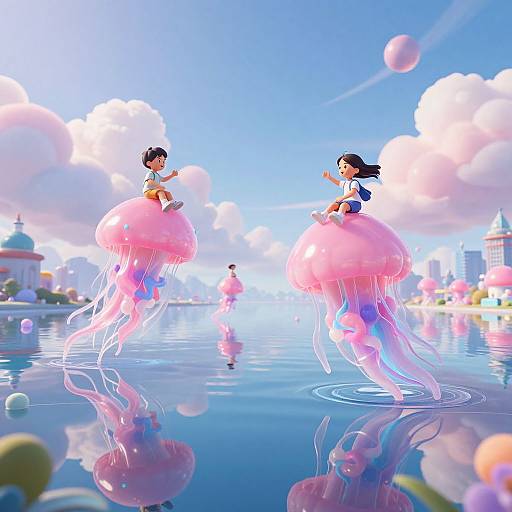 Digital illustration of two children riding pink jellyfish on a reflective, colorful city lake under a bright blue sky with fluffy clouds.