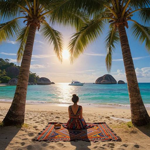Photograph of a woman with a bun, back to the camera, sitting on a colorful patterned mat between two palm trees, facing a sunlit