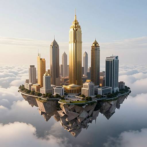 Photorealistic CGI of a futuristic cityscape floating on a rocky island in the clouds, with tall skyscrapers bathed in golden sunlight.