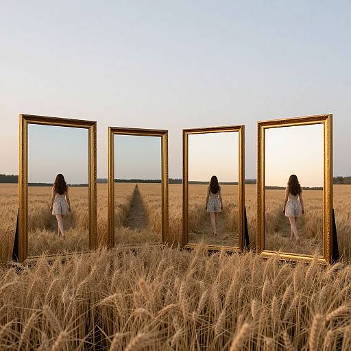 Photograph of a woman with long brown hair in a white dress standing in a golden wheat field, reflected in four gold-framed mirrors against a sunset