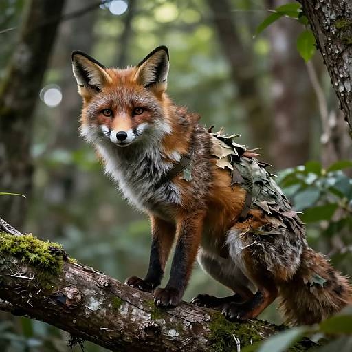 Photograph of a red fox with leaf-covered fur, standing alert on a mossy tree branch in a dense, sunlit forest.