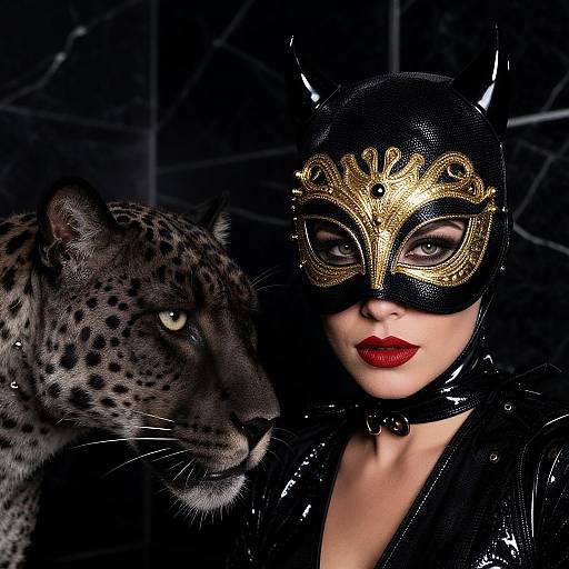 Photograph of a woman in black latex cat mask with gold accents, red lipstick, black leather jacket, standing beside a realistic leopard. Dark, dramatic