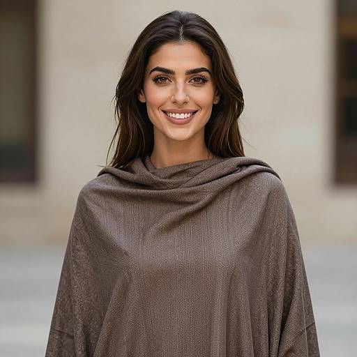 Photograph of a smiling woman with long dark hair, wearing a textured gray shawl, standing against a blurred urban background.