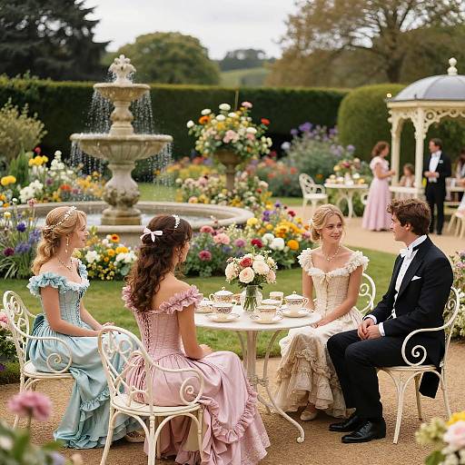 Photograph of four elegantly dressed individuals in pastel dresses and a black suit, seated at a white garden table, surrounded by vibrant flowers and a