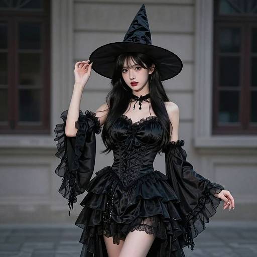 Photorealistic digital art of a pale-skinned, dark-haired woman in a black, gothic witch outfit with a pointed hat, lace choker
