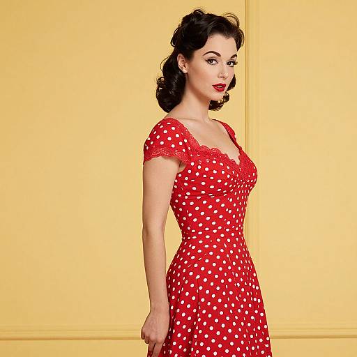 Vintage-style photograph of a fair-skinned woman with black curls, wearing a red polka dot dress, red lipstick, and standing against a yellow wall