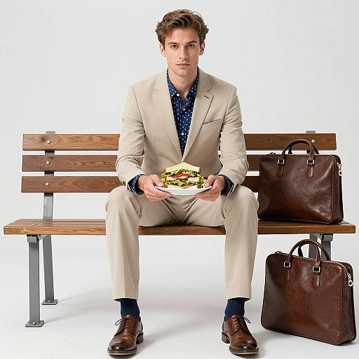 Man in Beige Suit with Sandwiches
