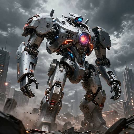 CGI digital artwork of a towering, silver robotic mecha with glowing red and blue lights, standing amidst a destroyed, cloudy cityscape.