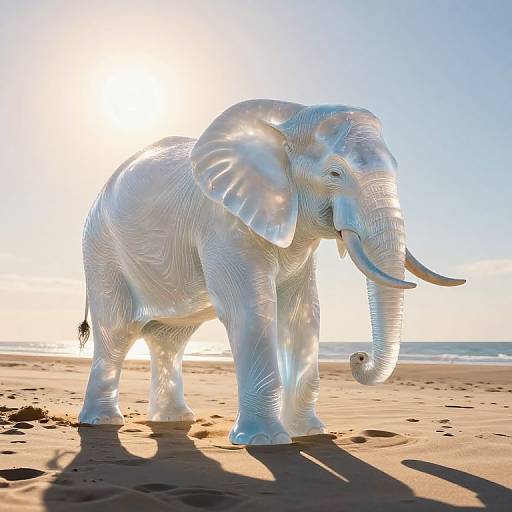 Photograph of a realistic, white-wrapped elephant standing on a sandy beach at sunset, with a glowing sky and ocean in the background.