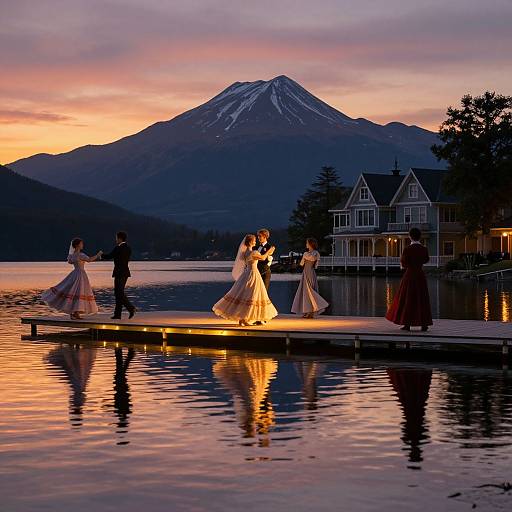 Photograph of a romantic sunset wedding on a lake, with a couple dancing on a dock, mountains in the background, and reflected lights in the water