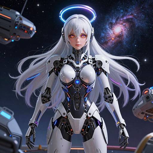 Digital anime-style artwork of a white-haired, red-eyed female cyborg with a glowing blue halo, wearing a futuristic white and black armored suit, set