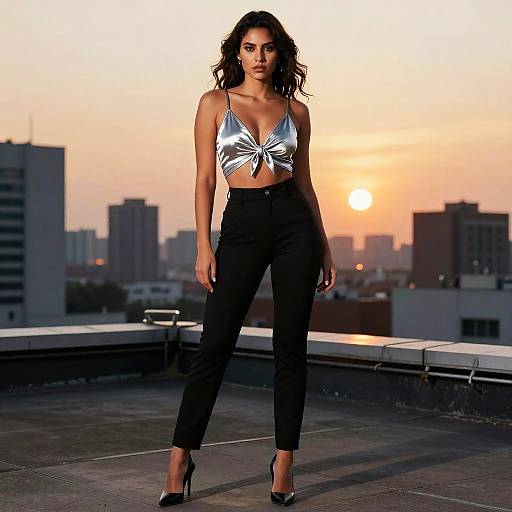 Photograph of a woman with wavy black hair, wearing a silver knot-front crop top and black high-waisted pants, standing on a rooftop