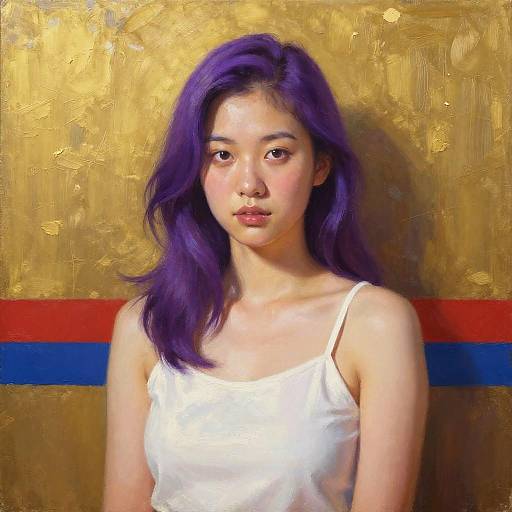Digital painting of an Asian woman with purple hair, wearing a white tank top, against a gold textured background with red and blue stripes.
