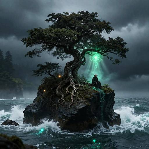 Mystical Tree and Goblin Shaman on Coastal Sea-Stack