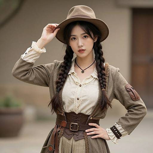 Photograph of an East Asian woman with braided hair, wearing a brown hat, vintage-style brown dress, white lace blouse, and leather belt,
