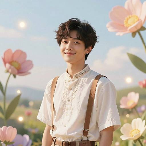 Photograph of an Asian young man with curly black hair, smiling, wearing a white lace-collared shirt and brown suspenders, standing in a