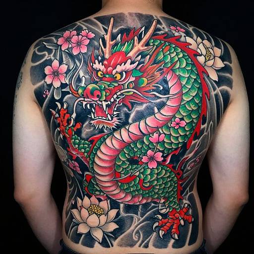 Photograph of a tattooed Asian man's back featuring a vibrant, green-scaled, red-and-white Chinese dragon with flowers and waves against a black