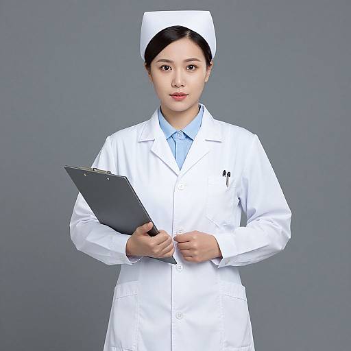 Photograph of an Asian female nurse with dark hair, wearing a white uniform, cap, and holding a black clipboard, standing against a gray background.