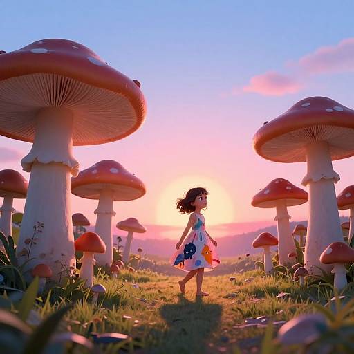 Digital artwork: Young girl in a blue dress and pink bow, with curly brown hair, walks through a field of giant red-and-white mushrooms at sunset