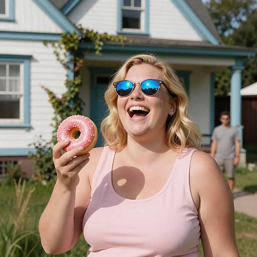 Joyful Woman with Donut and House