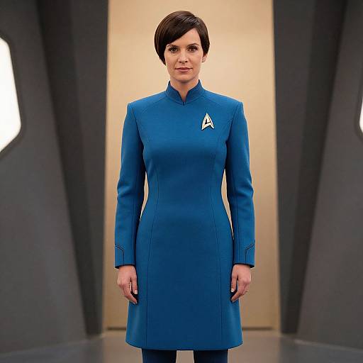 Photograph of a short-haired woman in a blue, long-sleeved Starfleet uniform with an insignia, standing in a futuristic, dimly