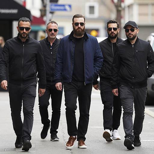 Photograph of five bearded men in black sunglasses and dark clothing walking together on a city street, all wearing black jackets.