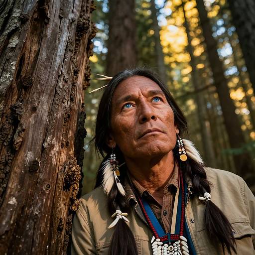 Photograph of a Native American man with long black hair, feathered earrings, and traditional necklace, standing against a tree in a sunlit forest,